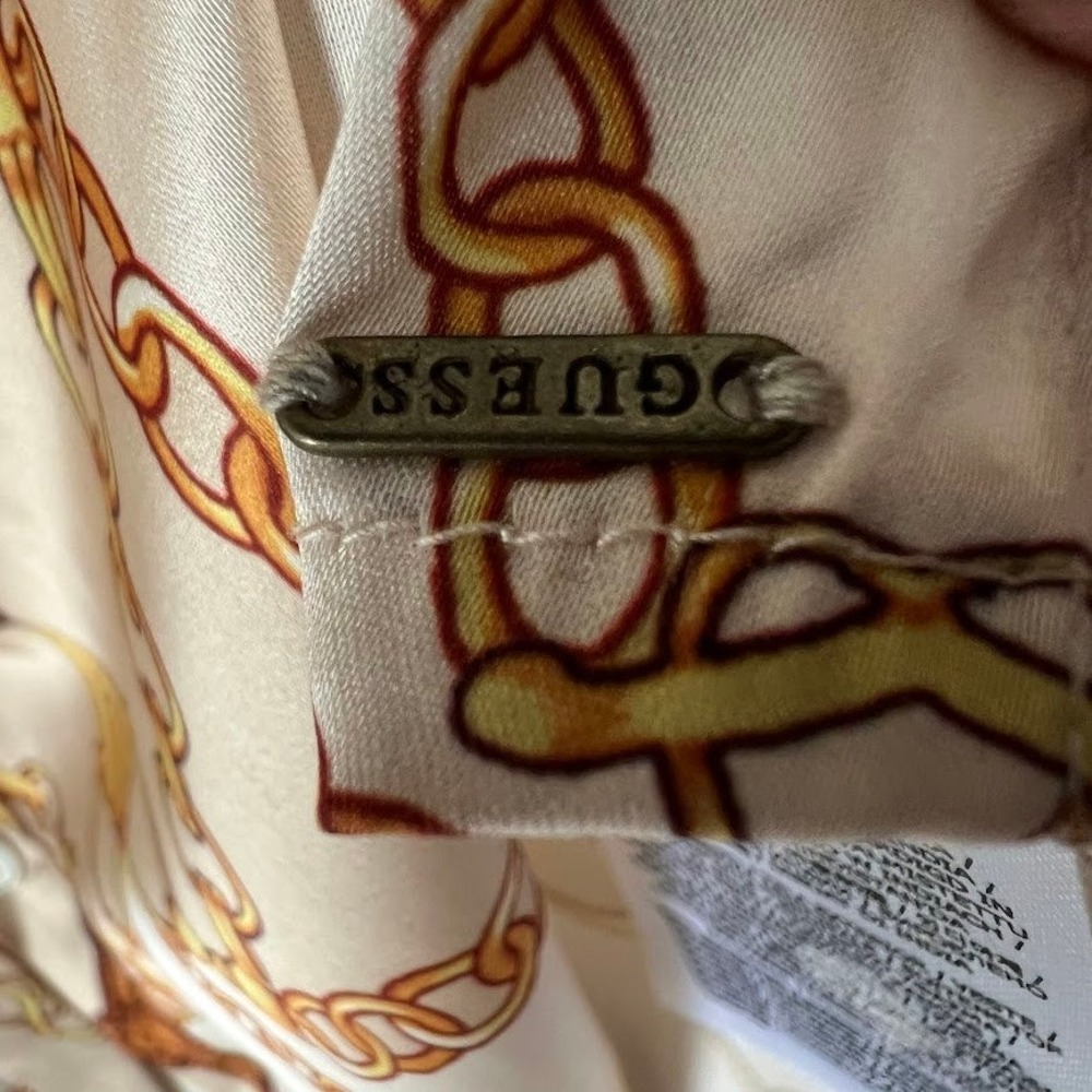 Guess Chain Print Button Front Blouse Womens XS Ivory Gold Long Sleeve - Picture 6 of 10